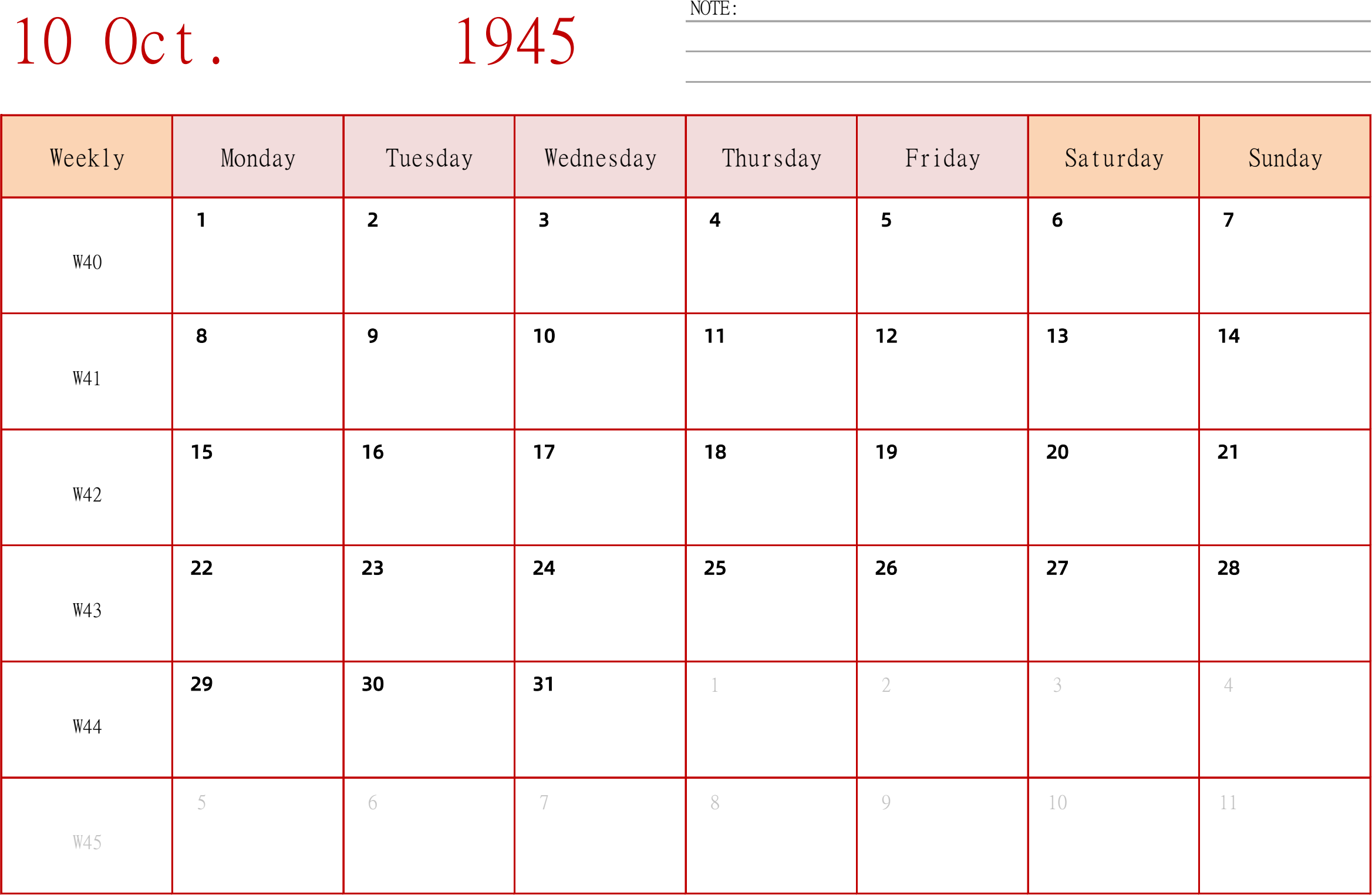 日历表1945年日历 英文版 横向排版 周一开始 带周数